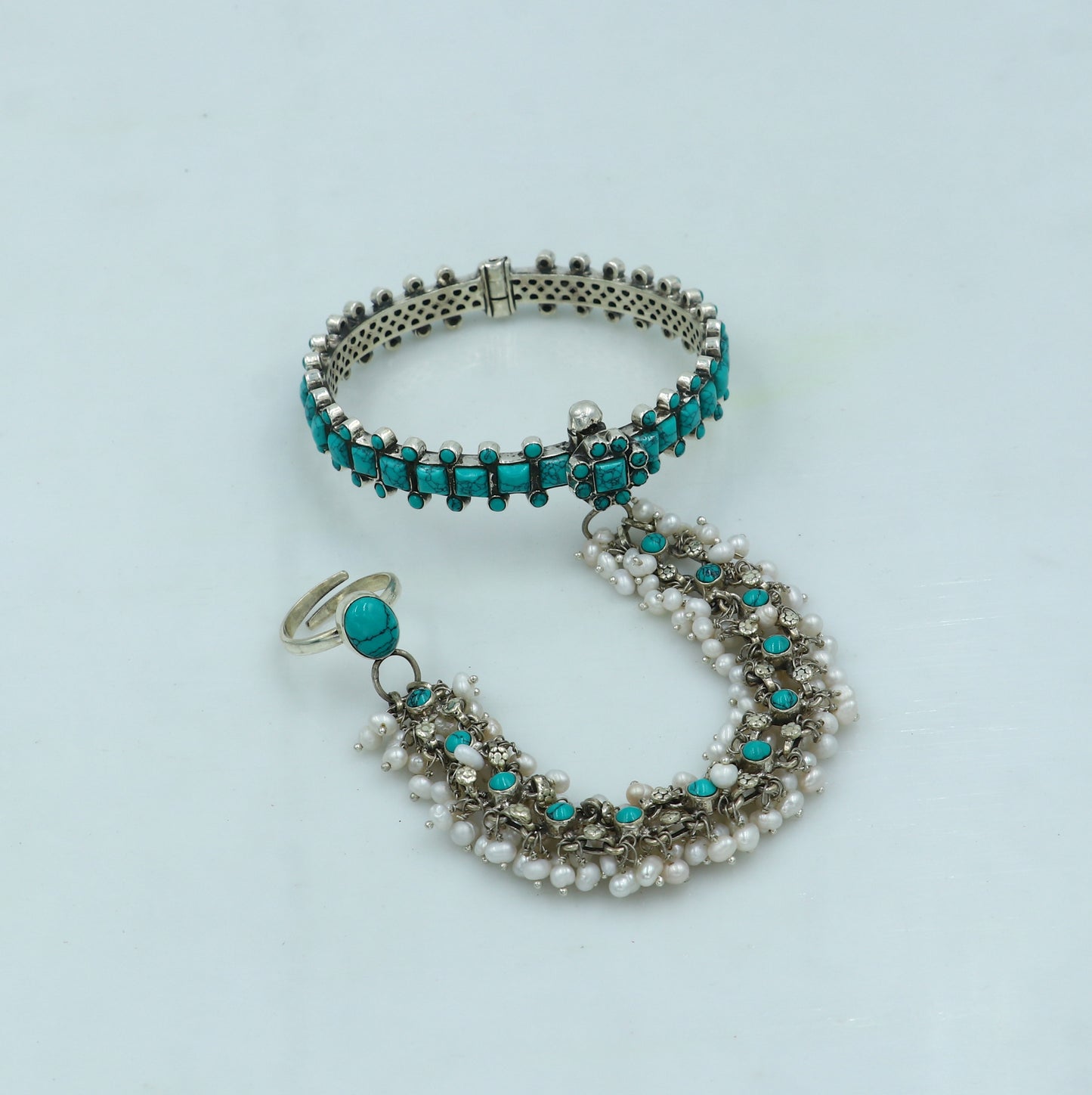 925 sterling turquoise stone hathpan set (bangle chain with ring set) bracelet pure silver gifting jewelry ba439 - TRIBAL ORNAMENTS
