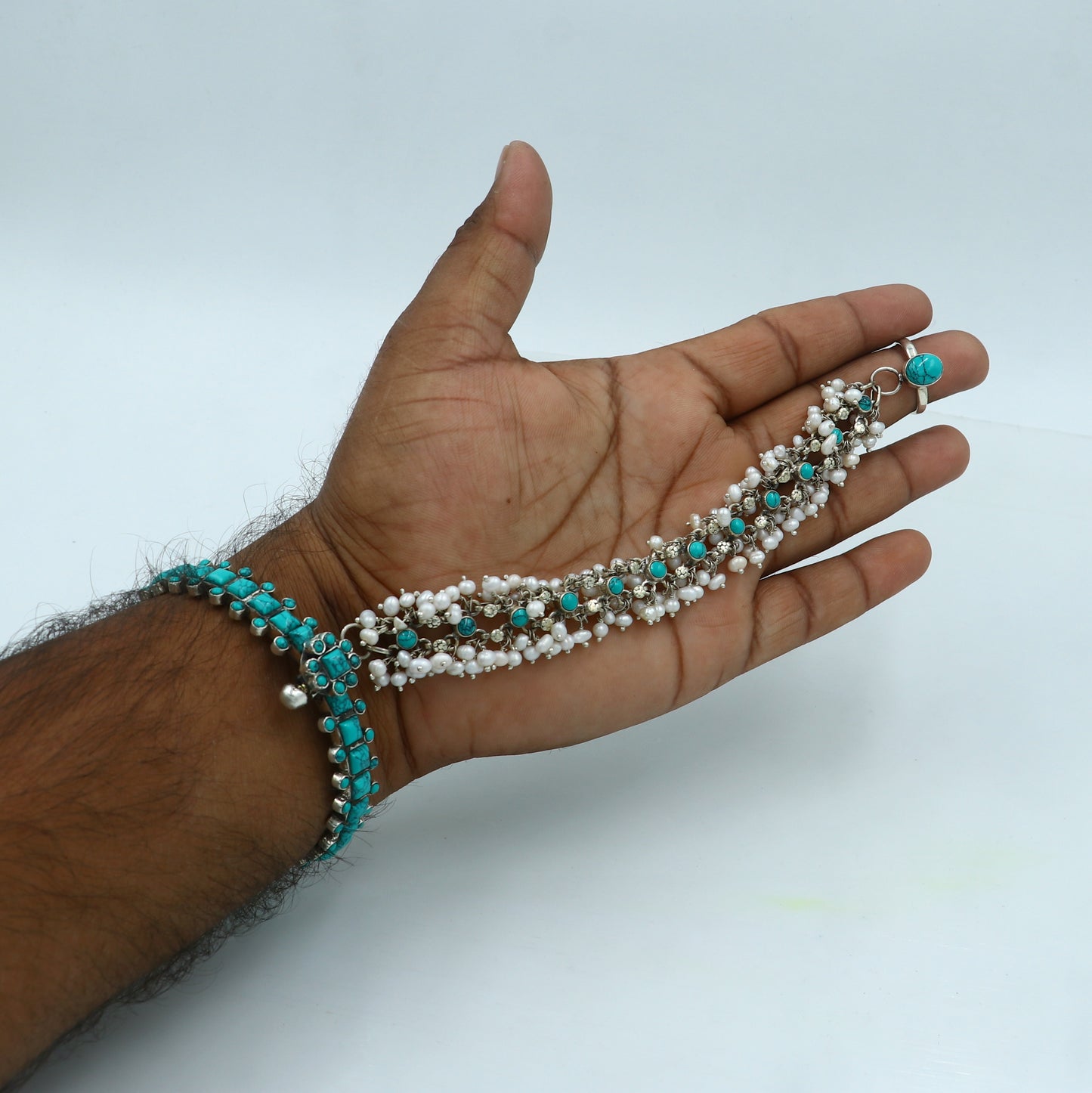 925 sterling turquoise stone hathpan set (bangle chain with ring set) bracelet pure silver gifting jewelry ba439 - TRIBAL ORNAMENTS