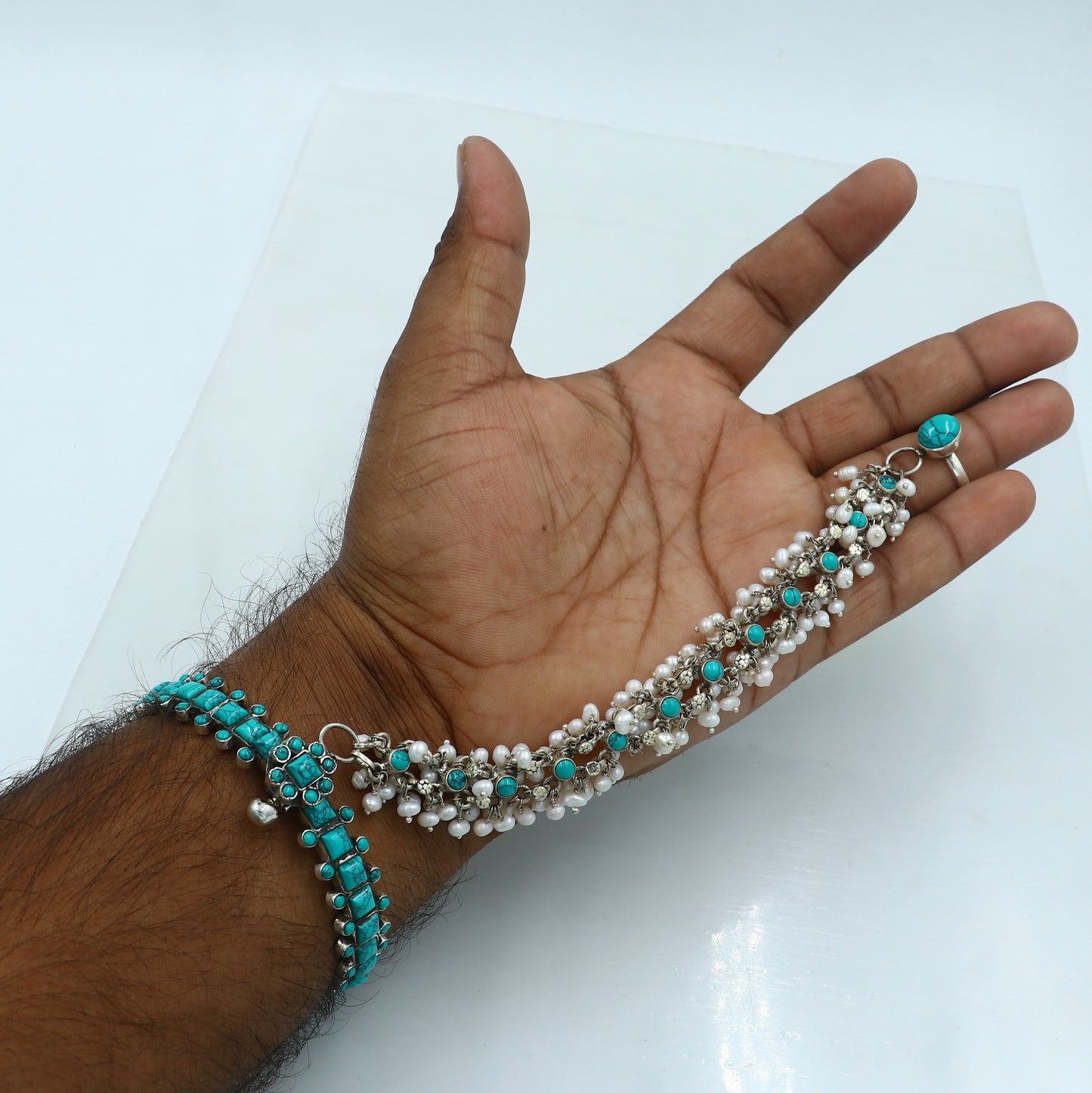 925 sterling turquoise stone hathpan set (bangle chain with ring set) bracelet pure silver gifting jewelry ba439 - TRIBAL ORNAMENTS
