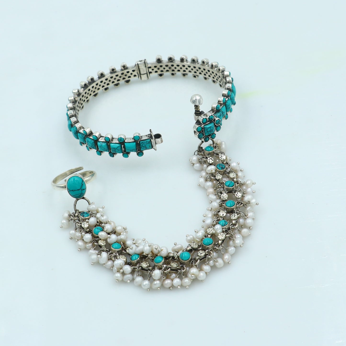 925 sterling turquoise stone hathpan set (bangle chain with ring set) bracelet pure silver gifting jewelry ba439 - TRIBAL ORNAMENTS