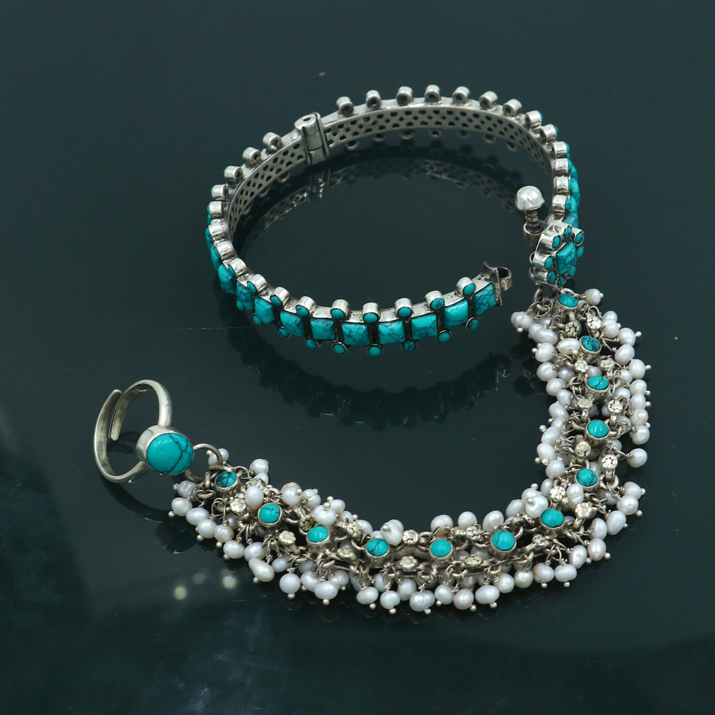 925 sterling turquoise stone hathpan set (bangle chain with ring set) bracelet pure silver gifting jewelry ba439 - TRIBAL ORNAMENTS