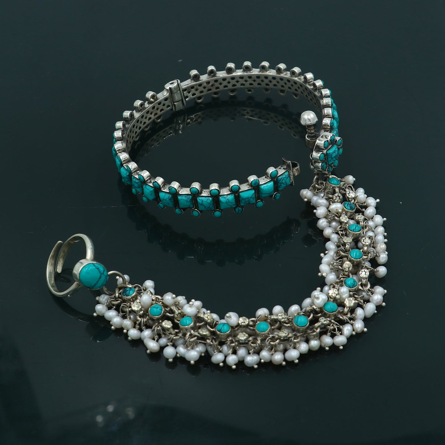 925 sterling turquoise stone hathpan set (bangle chain with ring set) bracelet pure silver gifting jewelry ba439 - TRIBAL ORNAMENTS