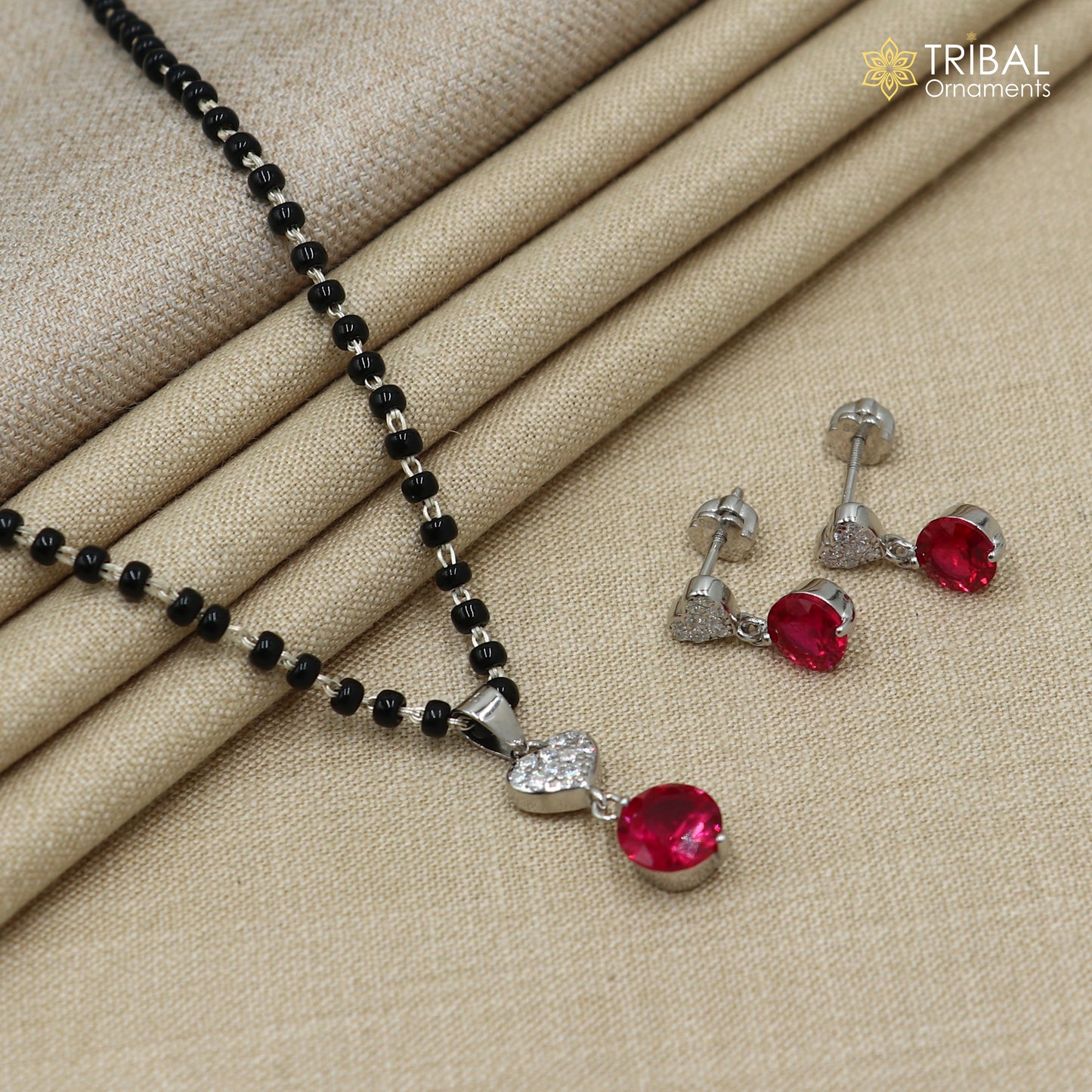 18 inches 925 sterling silver heart shape pink stone mangalsutra with earring ms155