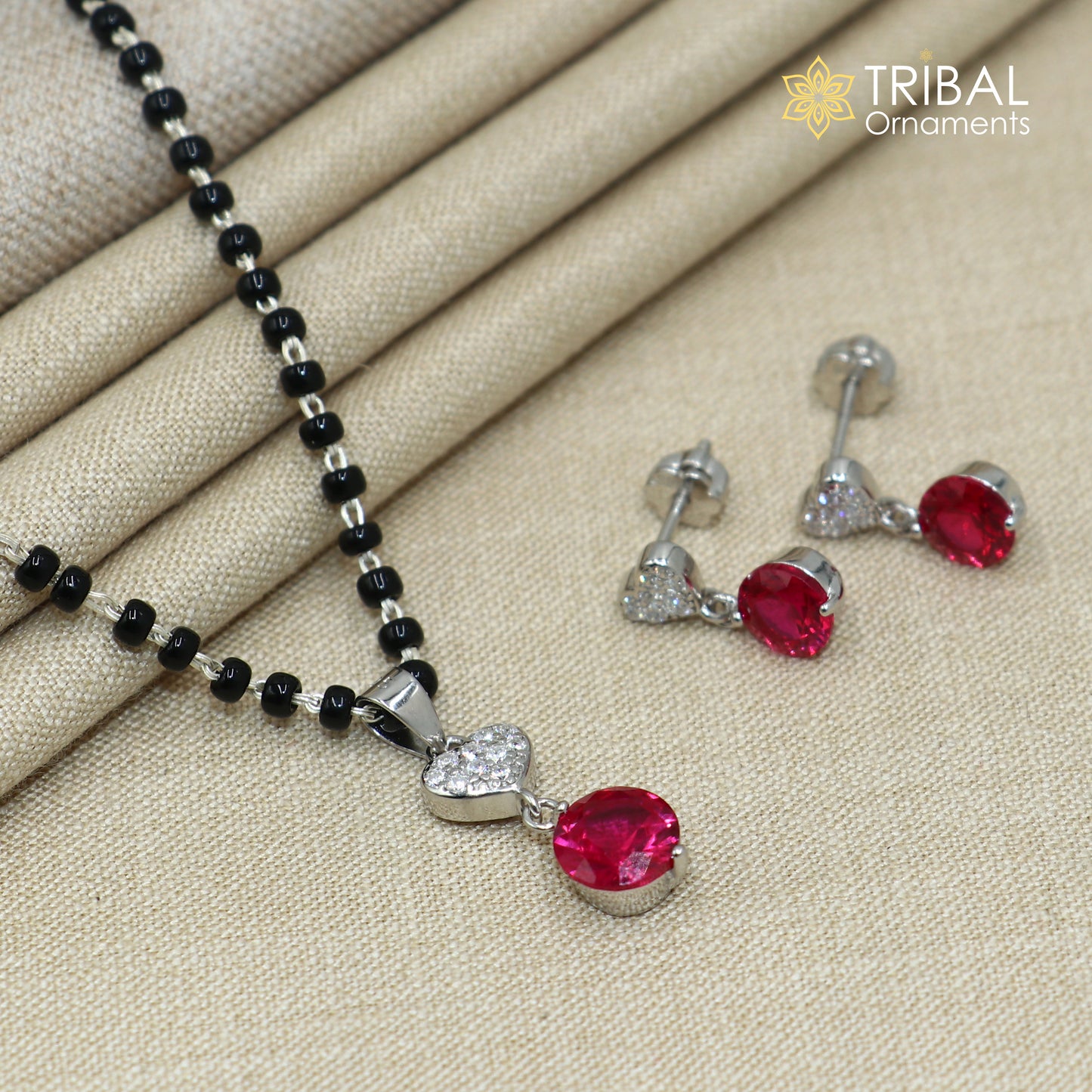 18 inches 925 sterling silver heart shape pink stone mangalsutra with earring ms155