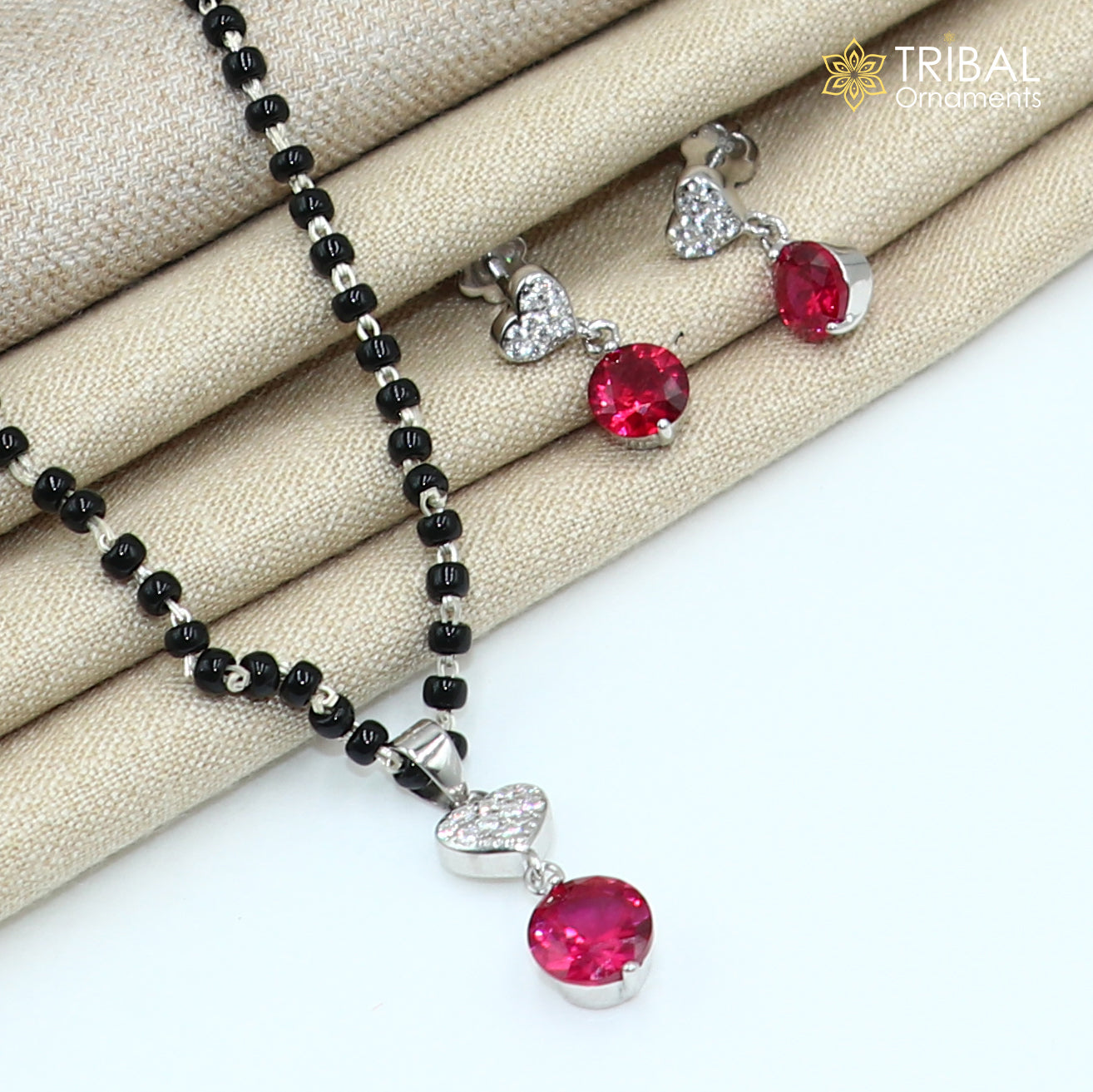 18 inches 925 sterling silver heart shape pink stone mangalsutra with earring ms155