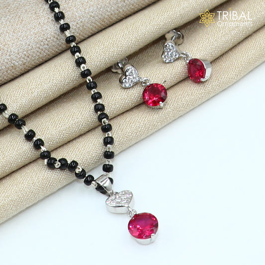 18 inches 925 sterling silver heart shape pink stone mangalsutra with earring  ms155