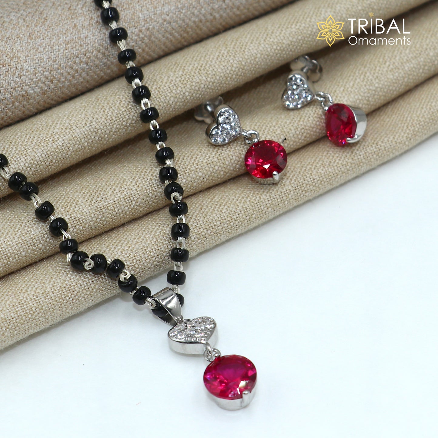 18 inches 925 sterling silver heart shape pink stone mangalsutra with earring ms155