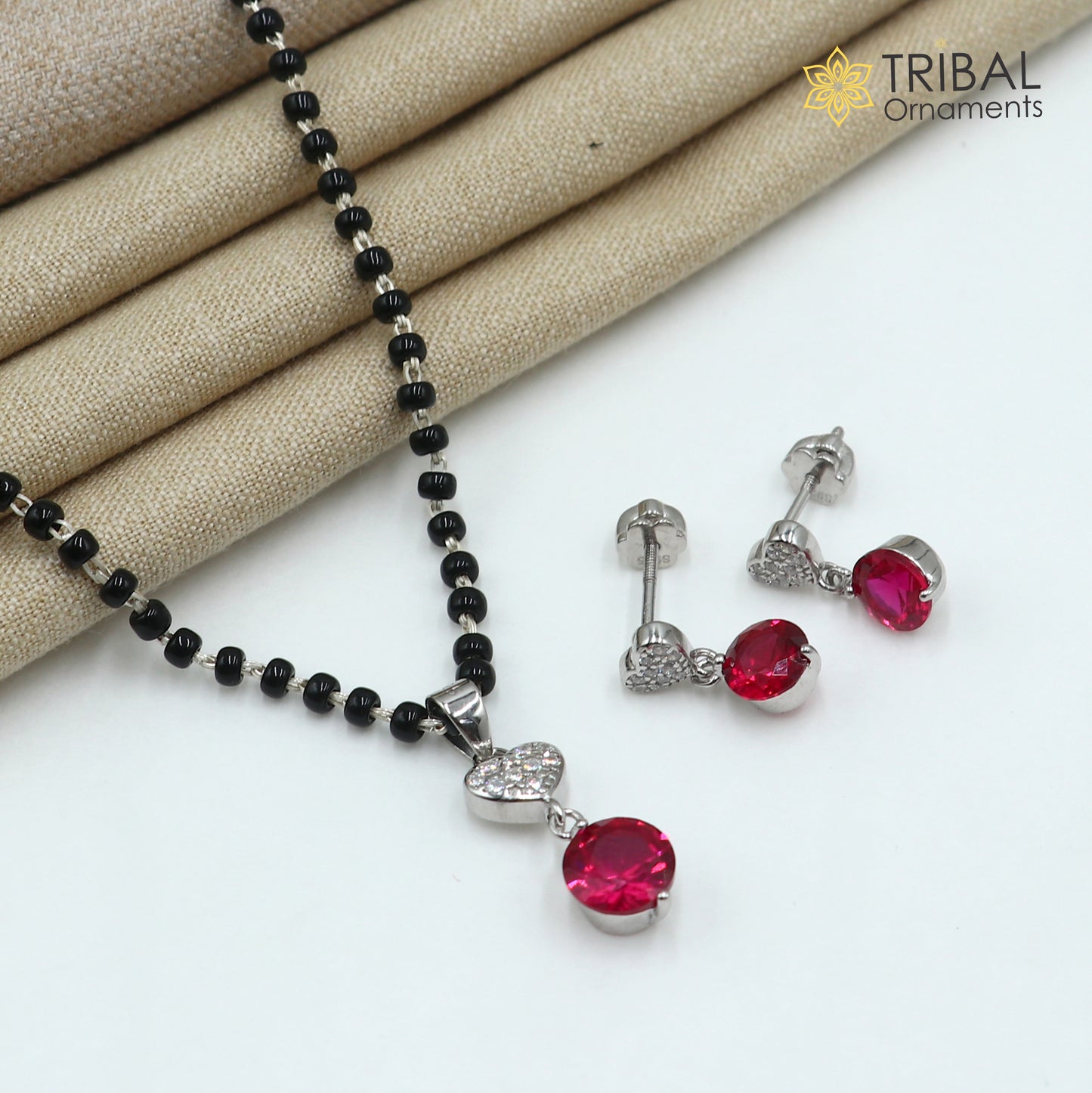18 inches 925 sterling silver heart shape pink stone mangalsutra with earring ms155