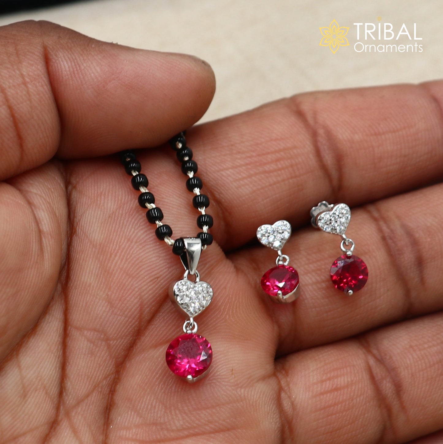 18 inches 925 sterling silver heart shape pink stone mangalsutra with earring ms155