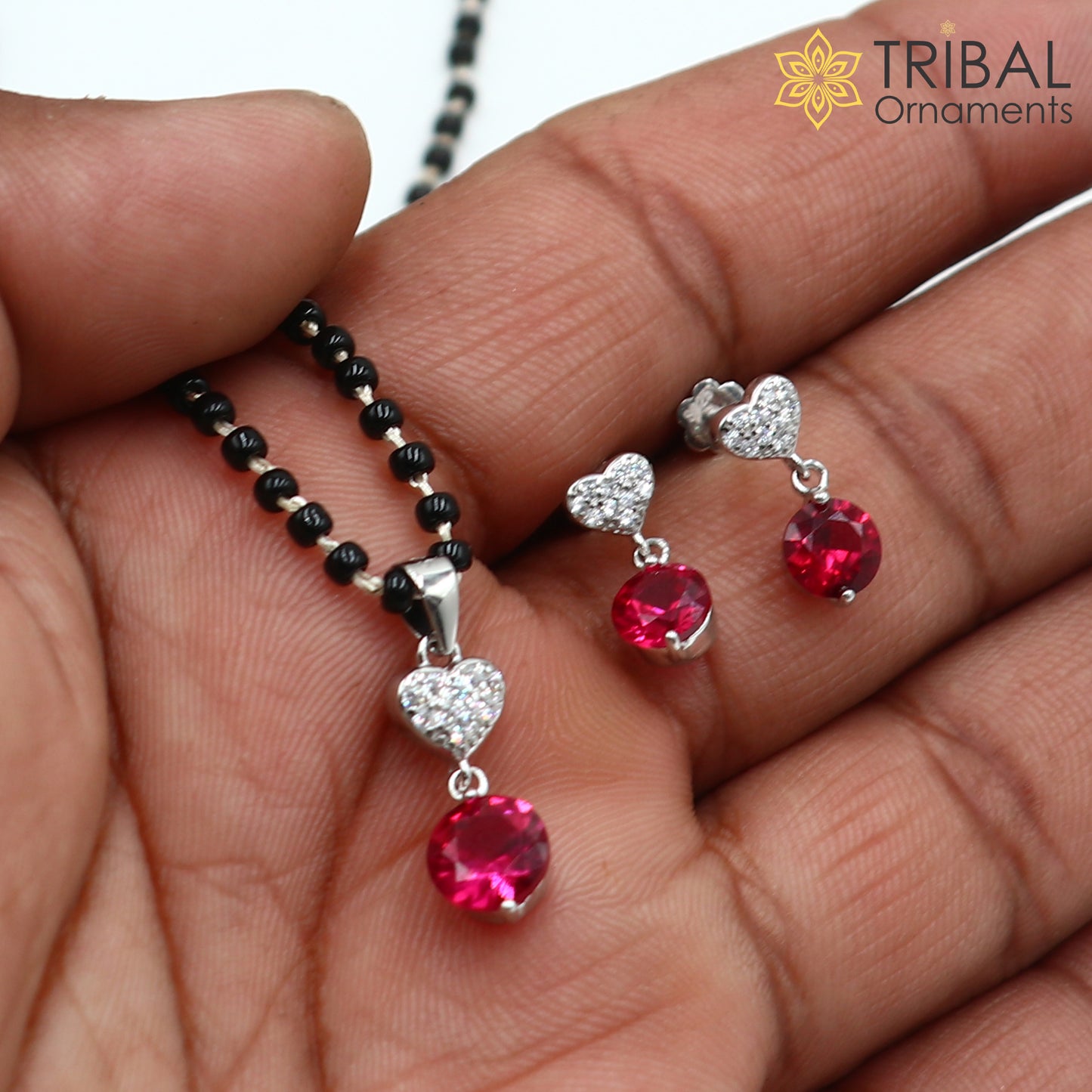 18 inches 925 sterling silver heart shape pink stone mangalsutra with earring ms155