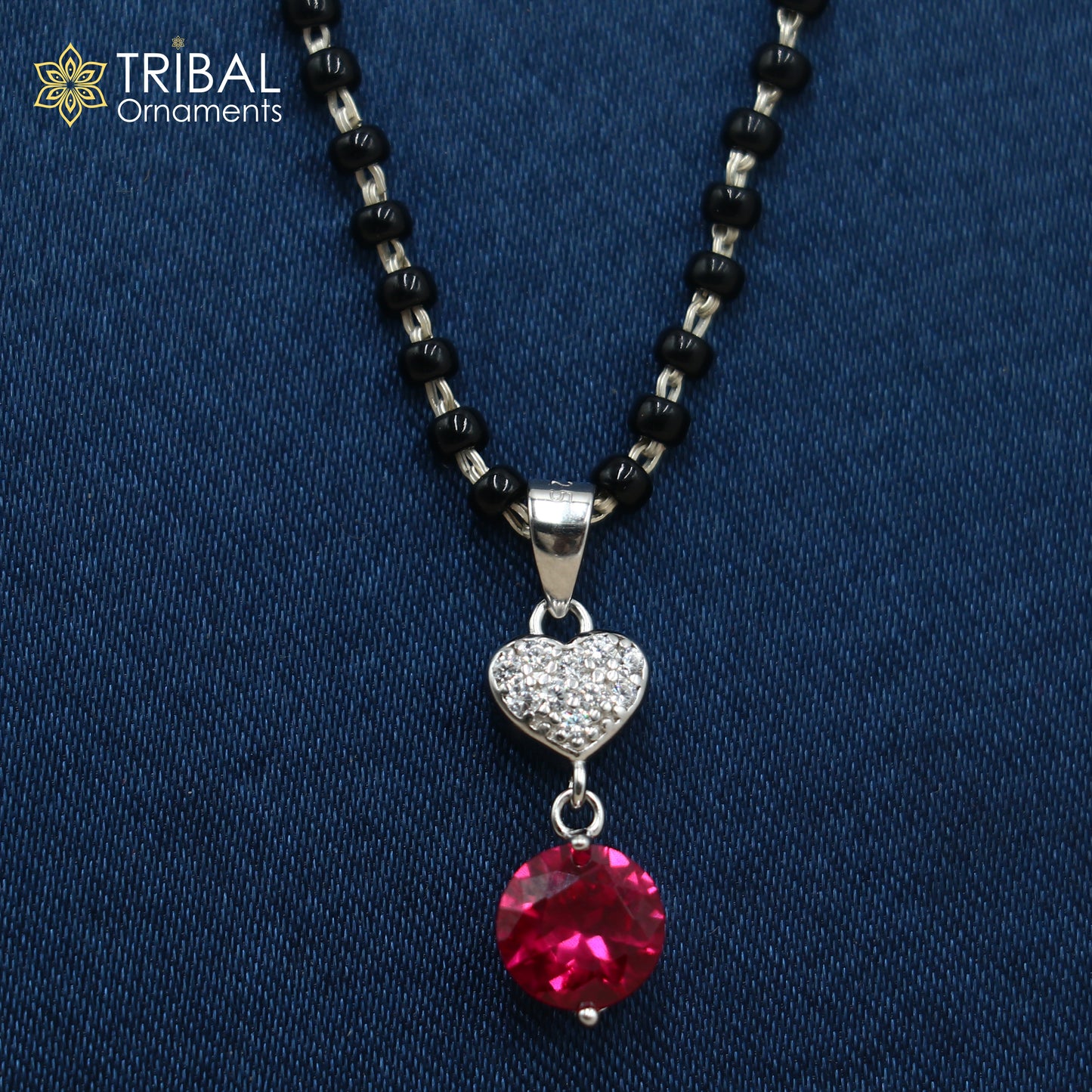 18 inches 925 sterling silver heart shape pink stone mangalsutra with earring ms155