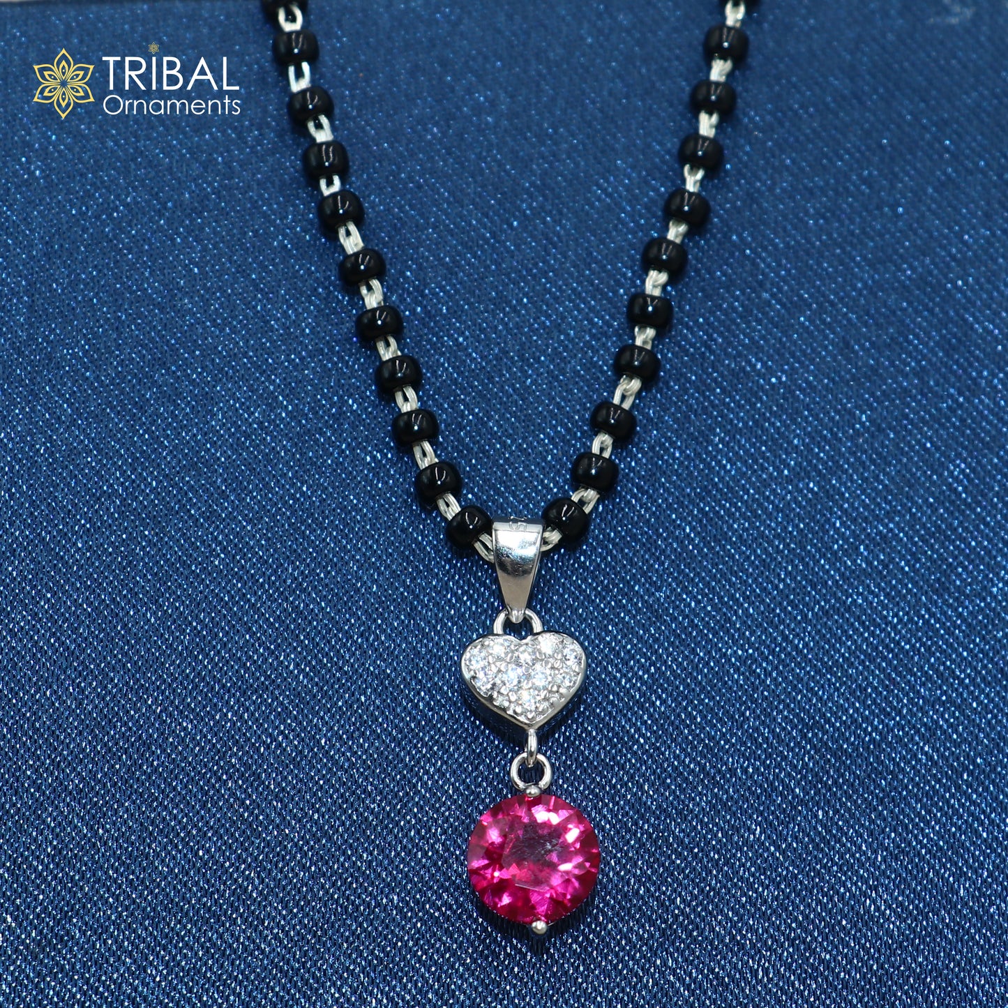 18 inches 925 sterling silver heart shape pink stone mangalsutra with earring ms155