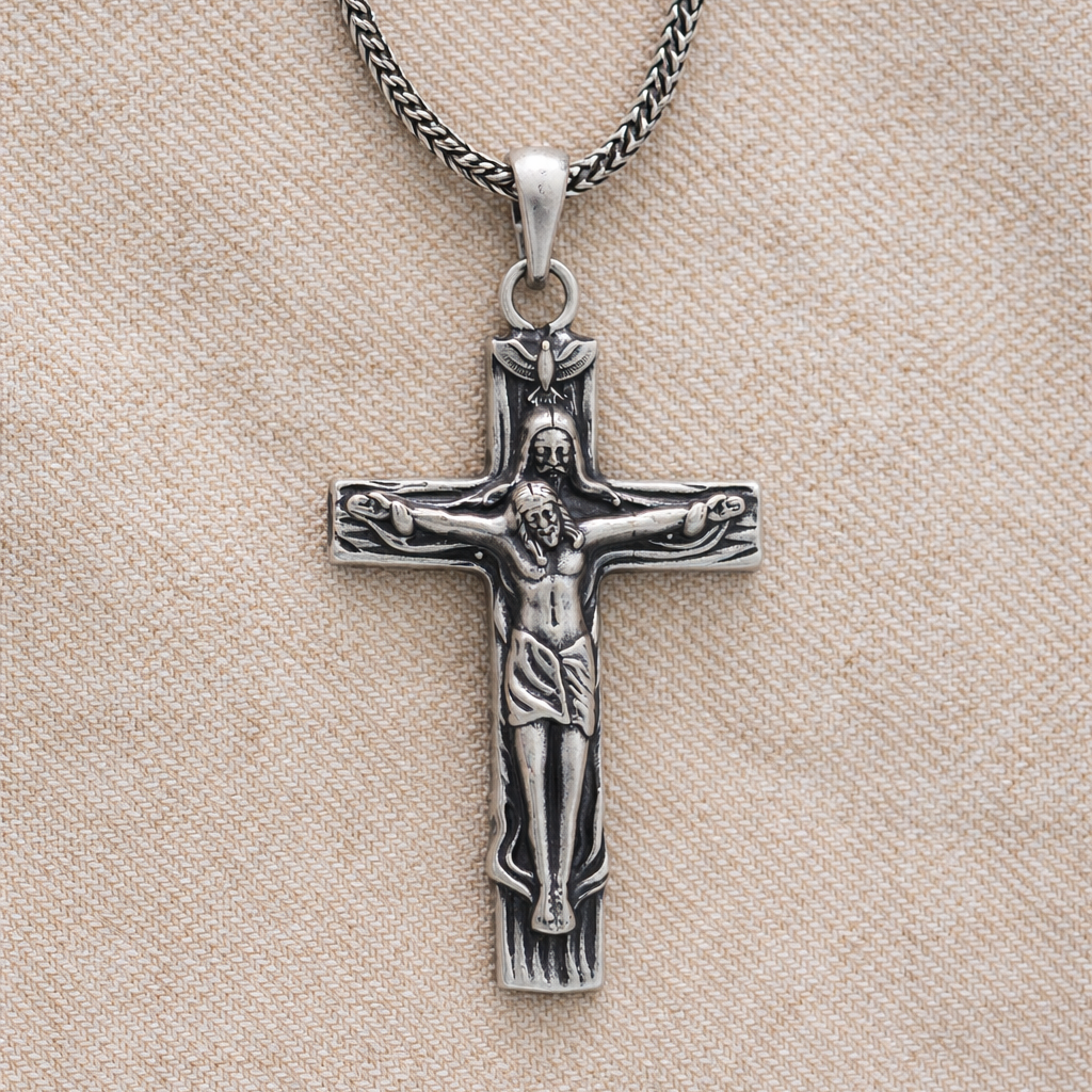 Sterling silver Jesus crucifix pendant necklace with oxidized vintage finish, Christian jewelry for men featuring a detailed cross and figure.