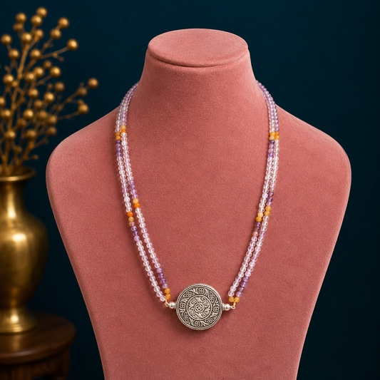 Multicolor stone beaded sterling silver choker necklace with tribal ethnic design, featuring traditional Indian cultural style jewelry.
