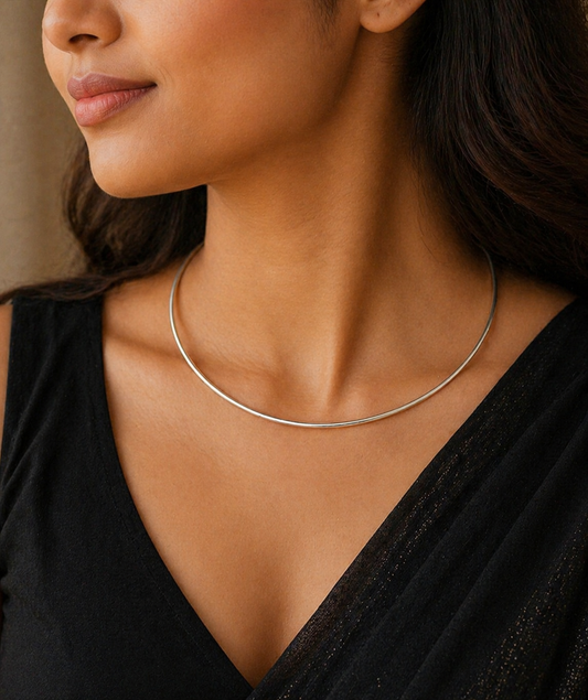 Sterling silver 1mm round plain neck band or choker from TRIBAL ORNAMENTS, ideal for pendants, handcrafted Indian ethnic jewelry.