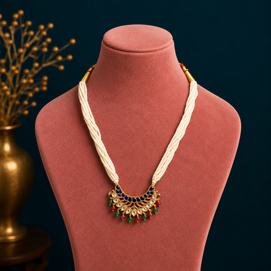 Sterling silver India kundan pendant with peacock design, multicolor pearls, and traditional jewelry set by TRIBAL ORNAMENTS.