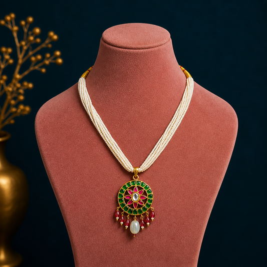 Sterling silver India kundan work pendant with multi-line pearl strings, traditional bridal necklace by TRIBAL ORNAMENTS.