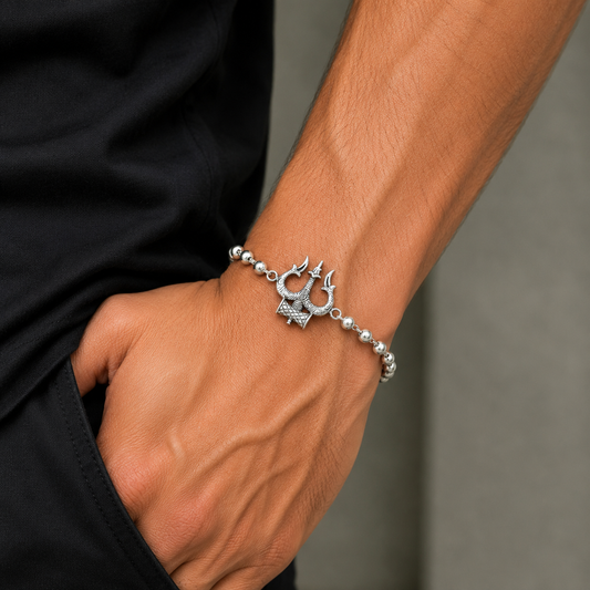 Sterling silver Trishul and black tulsi beads bracelet with traditional Hindu design by TRIBAL ORNAMENTS.