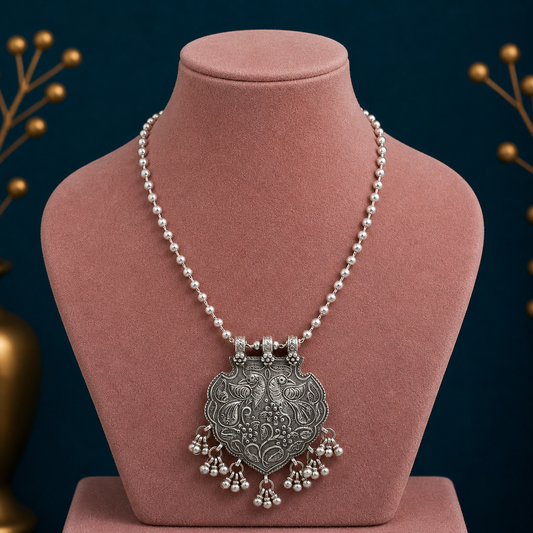 Sterling silver beaded long necklace with traditional Peacock charm, handmade 4mm beads, tribal jewelry by TRIBAL ORNAMENTS
