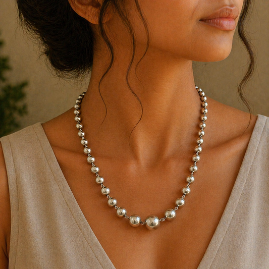 Sterling silver beaded necklace by TRIBAL ORNAMENTS, customized stylish design, ideal for brides and wedding anniversary gifts.