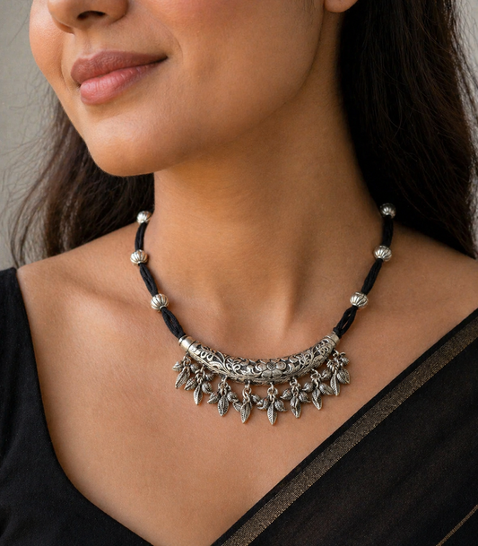 Sterling silver trendy chitai charm necklace with tribal kandrai work, delicate jewelry set by Tribal Ornaments.