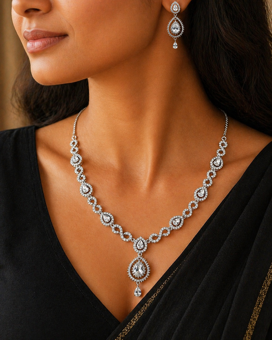 Sterling silver fancy necklace with shiny cubic zircon stones, stylish choker design from TRIBAL ORNAMENTS for belly dance or bridal wear