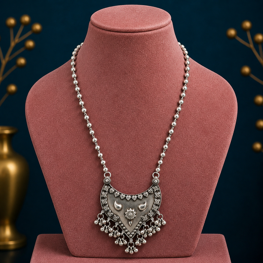 Sterling silver 5.5mm beaded long necklace with traditional tribal design, handmade jewelry by TRIBAL ORNAMENTS