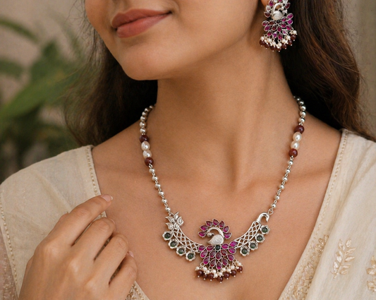 Sterling silver handmade peacock pendant necklace with beaded design, traditional trendy jewelry for brides and belly dance Guttapusalu set