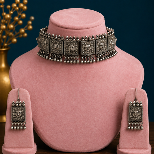 Sterling silver tribal choker necklace with traditional ethnic design, trendy fit, ideal for wedding jewelry or cultural occasions.