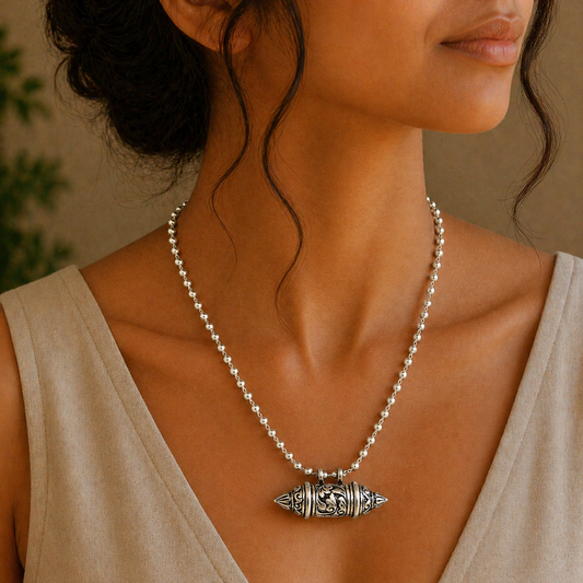 Sterling silver vintage amulet box pendant with tribal beaded necklace featuring ethnic mantra design from TRIBAL ORNAMENTS jewelry set.