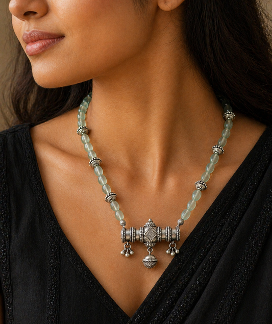 Sterling silver vintage designer necklace with ethnic Guttapusalu charms, handmade by TRIBAL ORNAMENTS, perfect for weddings and special occasions.