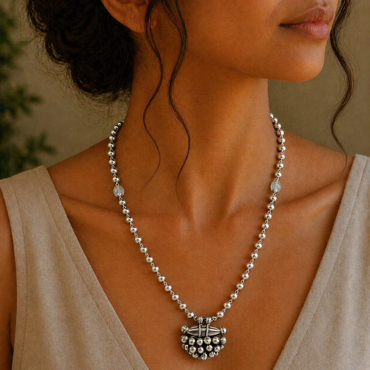 Sterling silver vintage pendant and beaded necklace with hanging drops, tribal ethnic jewelry from Rajasthan by TRIBAL ORNAMENTS