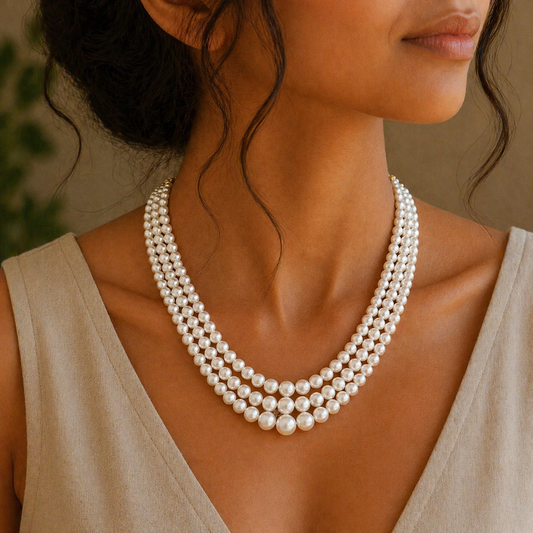 Three-layer freshwater pearl necklace set with 4-9mm pearls, ideal for wedding or daily wear, by TRIBAL ORNAMENTS.