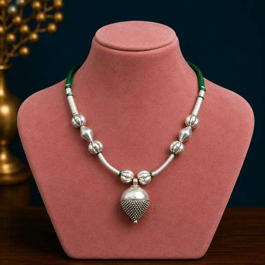 Vintage sterling silver beads and green thread charm necklace, tribal adjustable wedding choker jewelry set by TRIBAL ORNAMENTS.