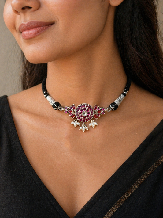Vintage red stone and pearl necklace set with adjustable thread, crafted in 925 sterling silver by Tribal Ornaments.