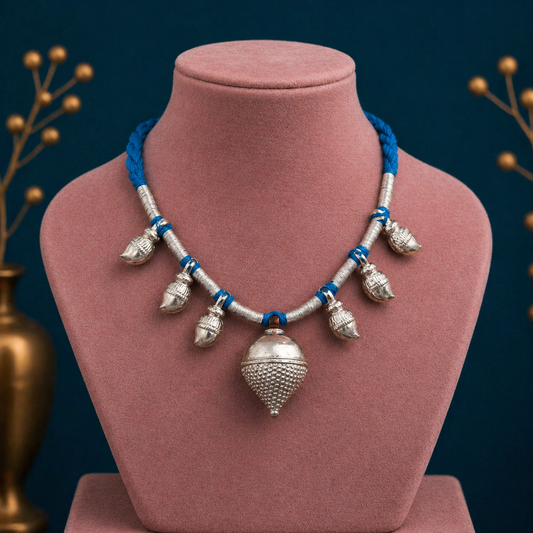 Vintage sterling silver tribal necklace with intricate antique design, perfect for belly dance and bohemian jewelry styles.
