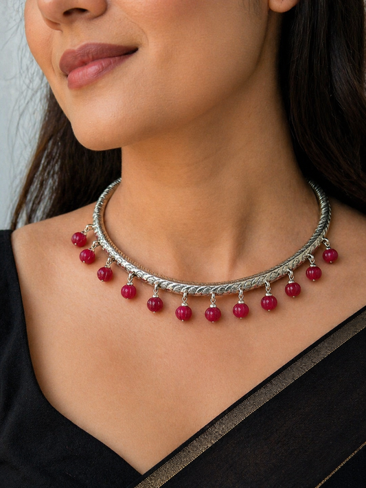 Vintage tribal ethnic choker necklace in 92.5 sterling silver with chitai work, featuring traditional Banjara design.