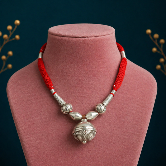 Vintage tribal sterling silver bead necklace with red thread charm, adjustable wedding choker and traditional jewelry set by TRIBAL ORNAMENTS.