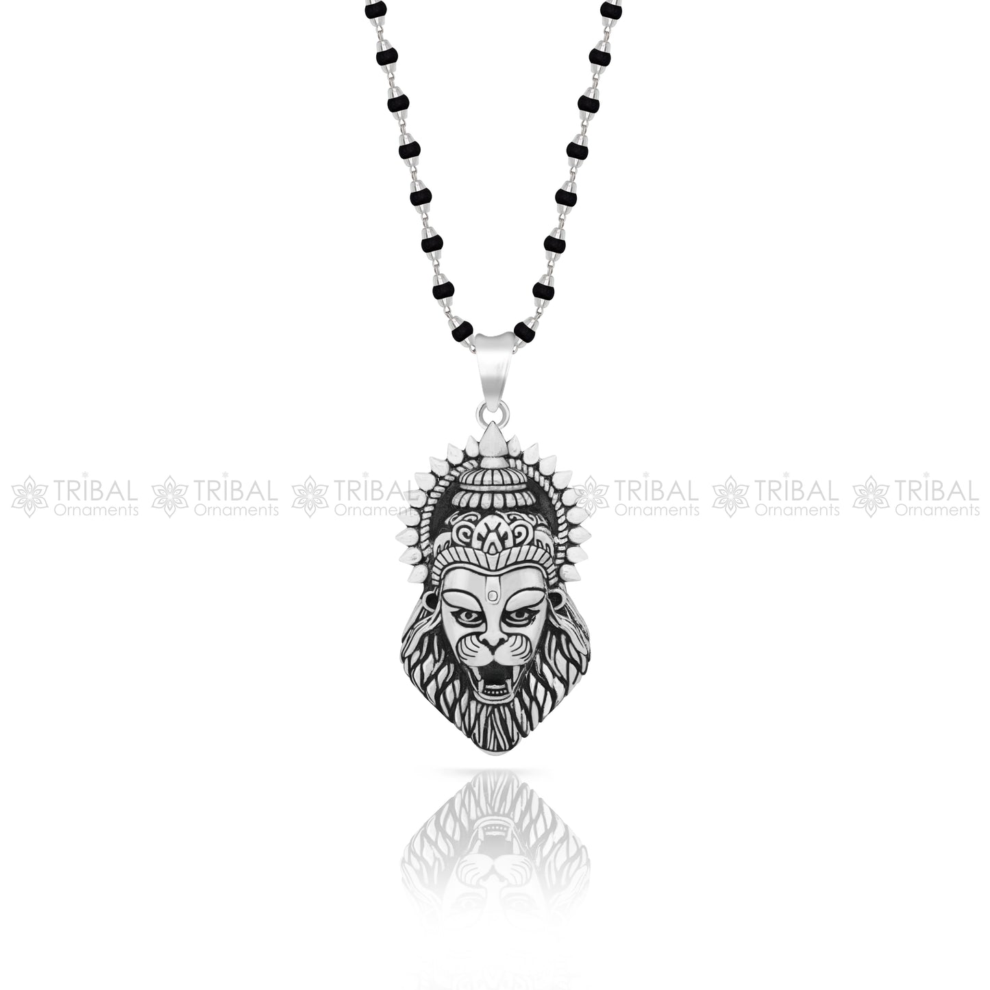 925 Sterling silver Lord Vishnu avatar Narsimha pendant with Black and white rosary beads (tulsi mala) meditation necklace NSP813 - TRIBAL ORNAMENTS