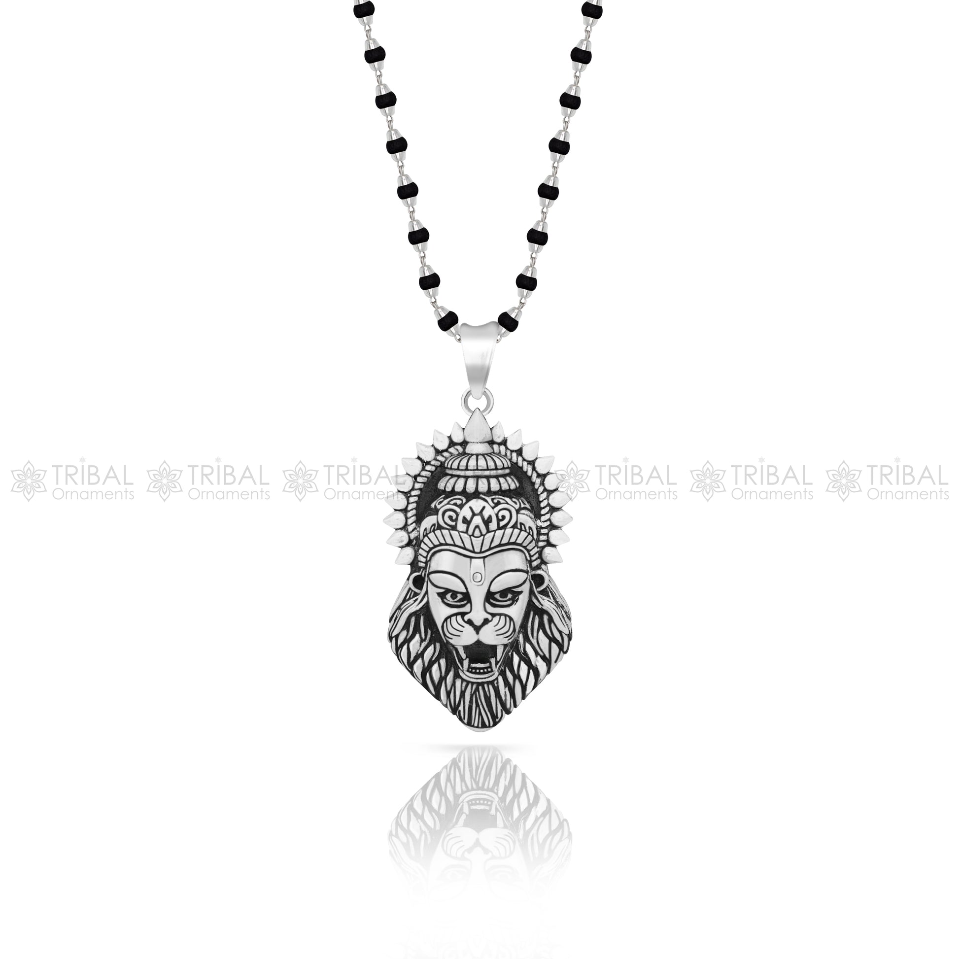 925 Sterling silver Lord Vishnu avatar Narsimha pendant with Black and white rosary beads (tulsi mala) meditation necklace  NSP813 - TRIBAL ORNAMENTS