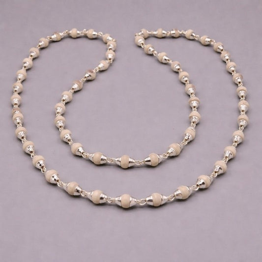Sterling silver Tulsi Mala necklace with handcrafted basil bead rosary chain, Ayurvedic spiritual jewelry by TRIBAL ORNAMENTS