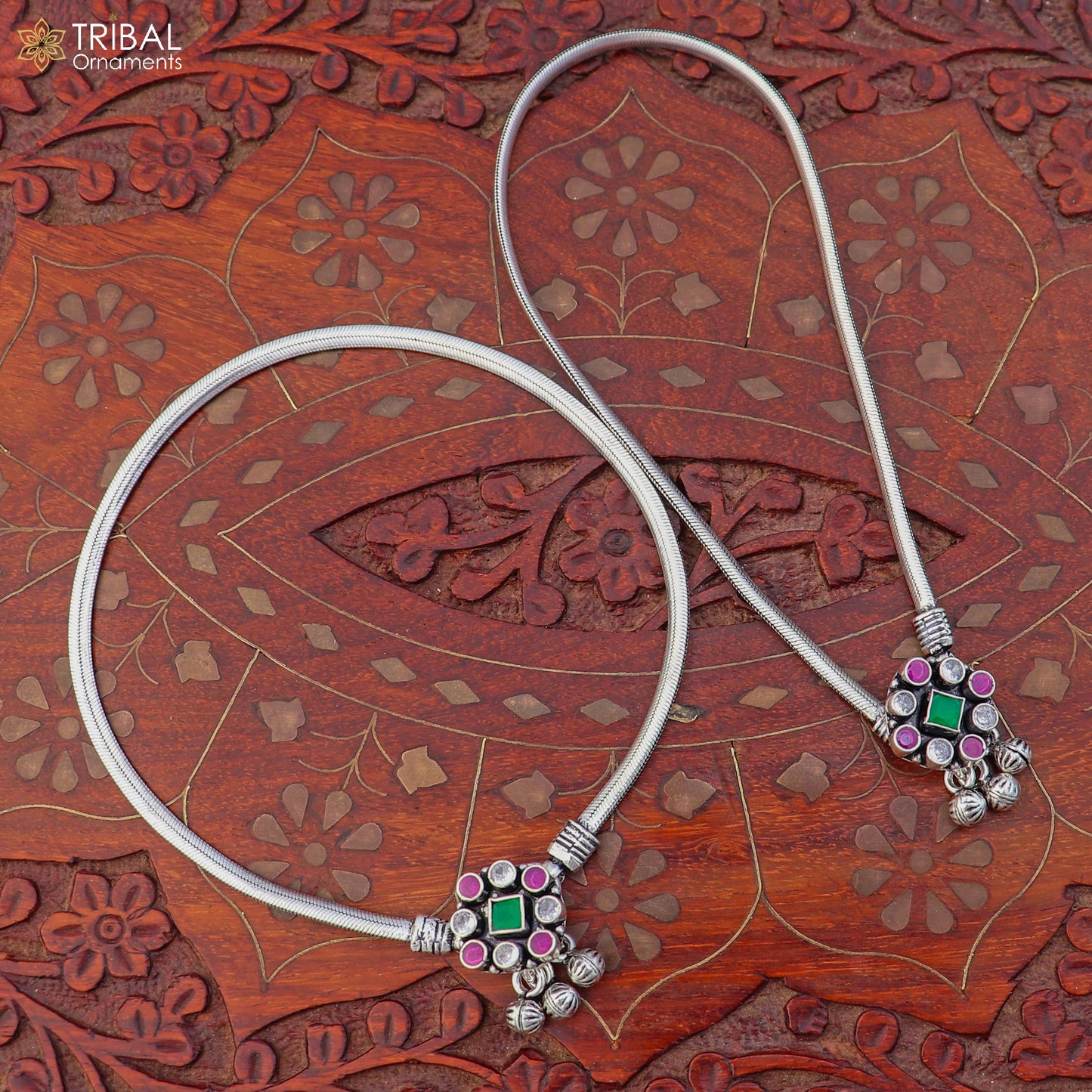 10.5" 925 sterling silver floral design stone anklets foot bracelet belly dance jewelry ank753 - TRIBAL ORNAMENTS