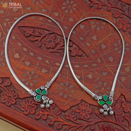 10.5" 925 sterling silver floral design stone anklets foot bracelet belly dance jewelry ank754 - TRIBAL ORNAMENTS