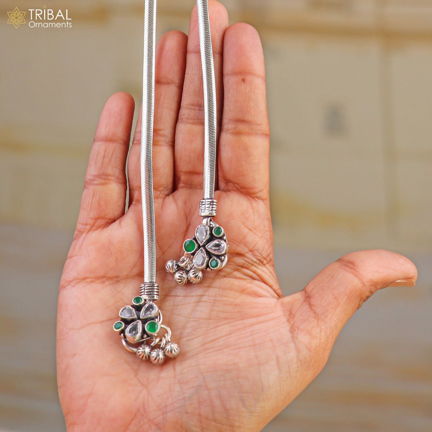 Sterling silver floral design anklet with stones, 10.5-inch foot bracelet for belly dance jewelry by TRIBAL ORNAMENTS.