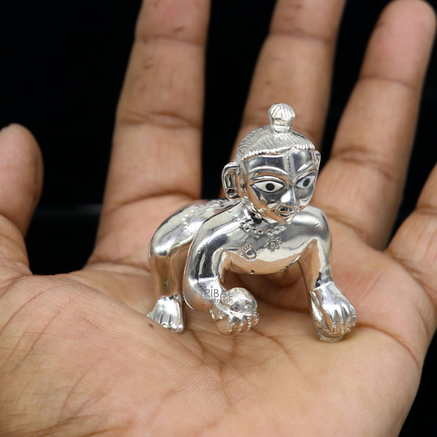 Divine 925 sterling Solid silver handmade idol Krishna, Ladu Gopal, crawling Krishna small statue sculpture home temple puja art art495 - TRIBAL ORNAMENTS
