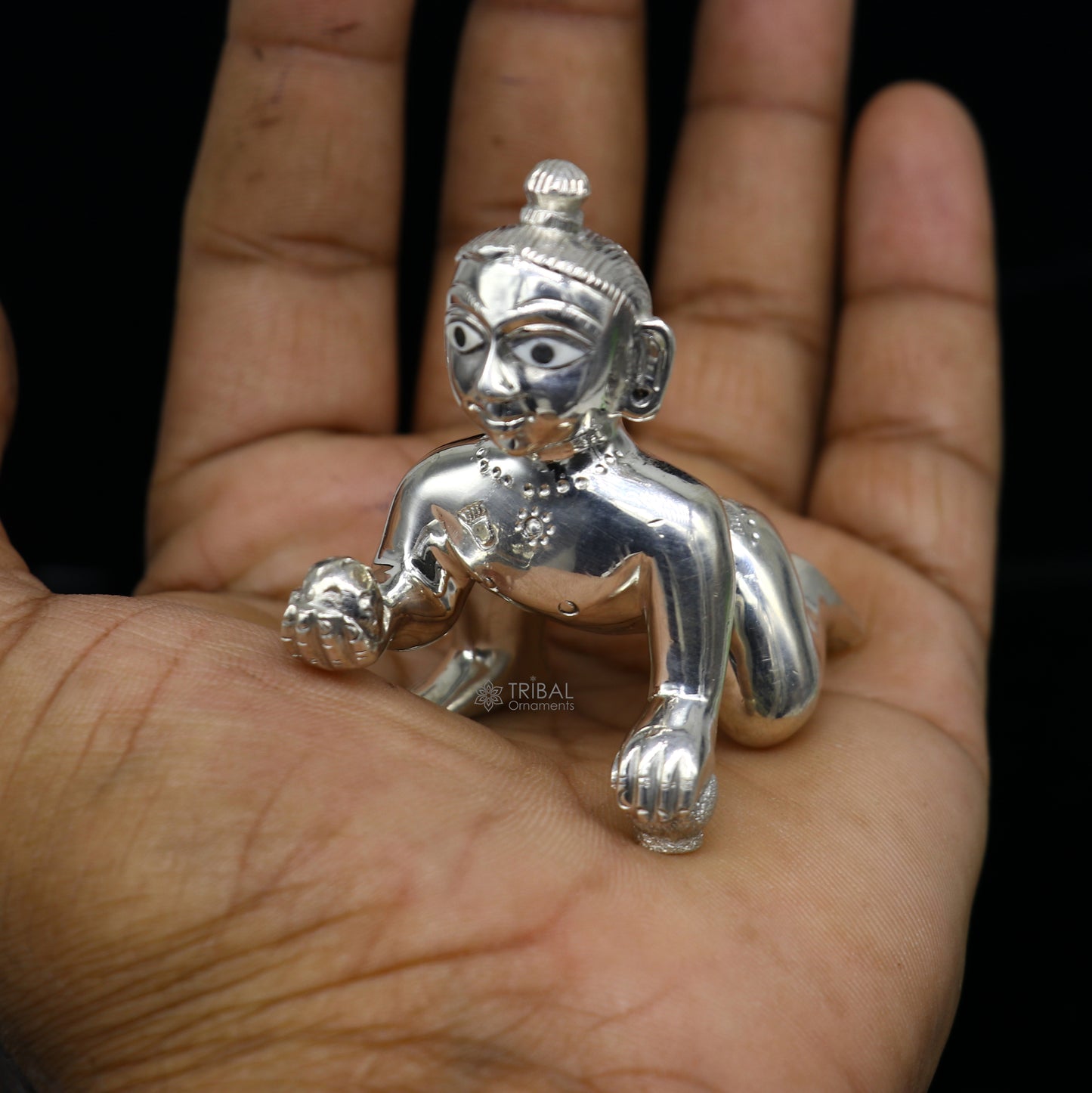 Divine 925 sterling Solid silver handmade idol Krishna, Ladu Gopal, crawling Krishna small statue sculpture home temple puja art art495 - TRIBAL ORNAMENTS