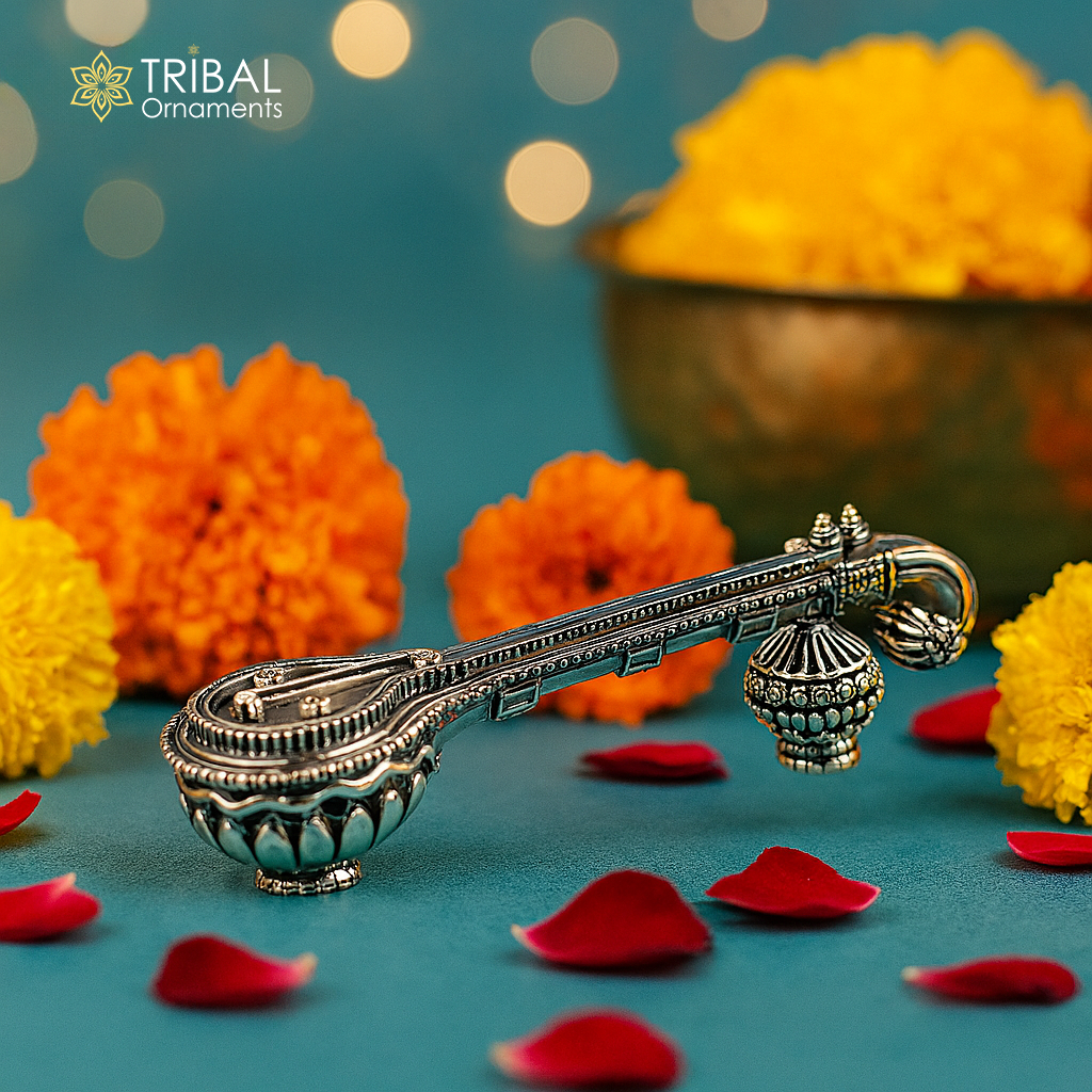 15 gm 925 sterling silver Saraswati Veena, Silver musical instrument Veena for Goddess Sharda, best gifting puja article for hindu temple art41