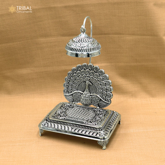 925 sterling silver peacock design God statue's chair Singhasan, throne temple puja article art893