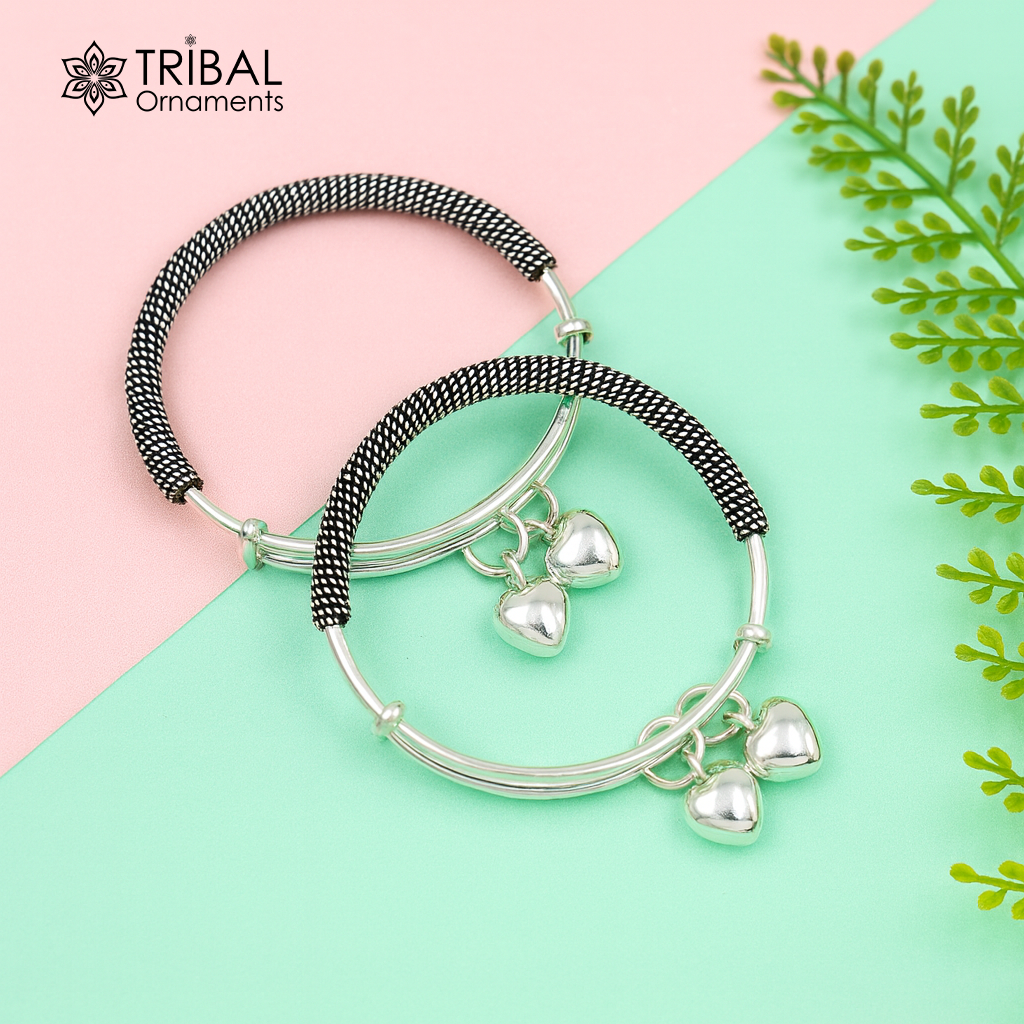 925 sterling silver handmade fancy adjustable baby bangle kada bracelet, fabulous heart shape hangings charm bangles unisex kids bbk70