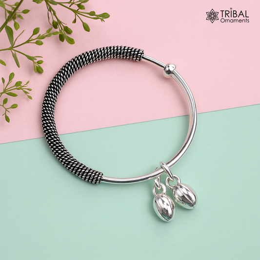 Stylish charm oxidized 925 sterling silver adjustable baby solid bangle bracelet, charm bangle, tribal unisex kids jewelry bbk84